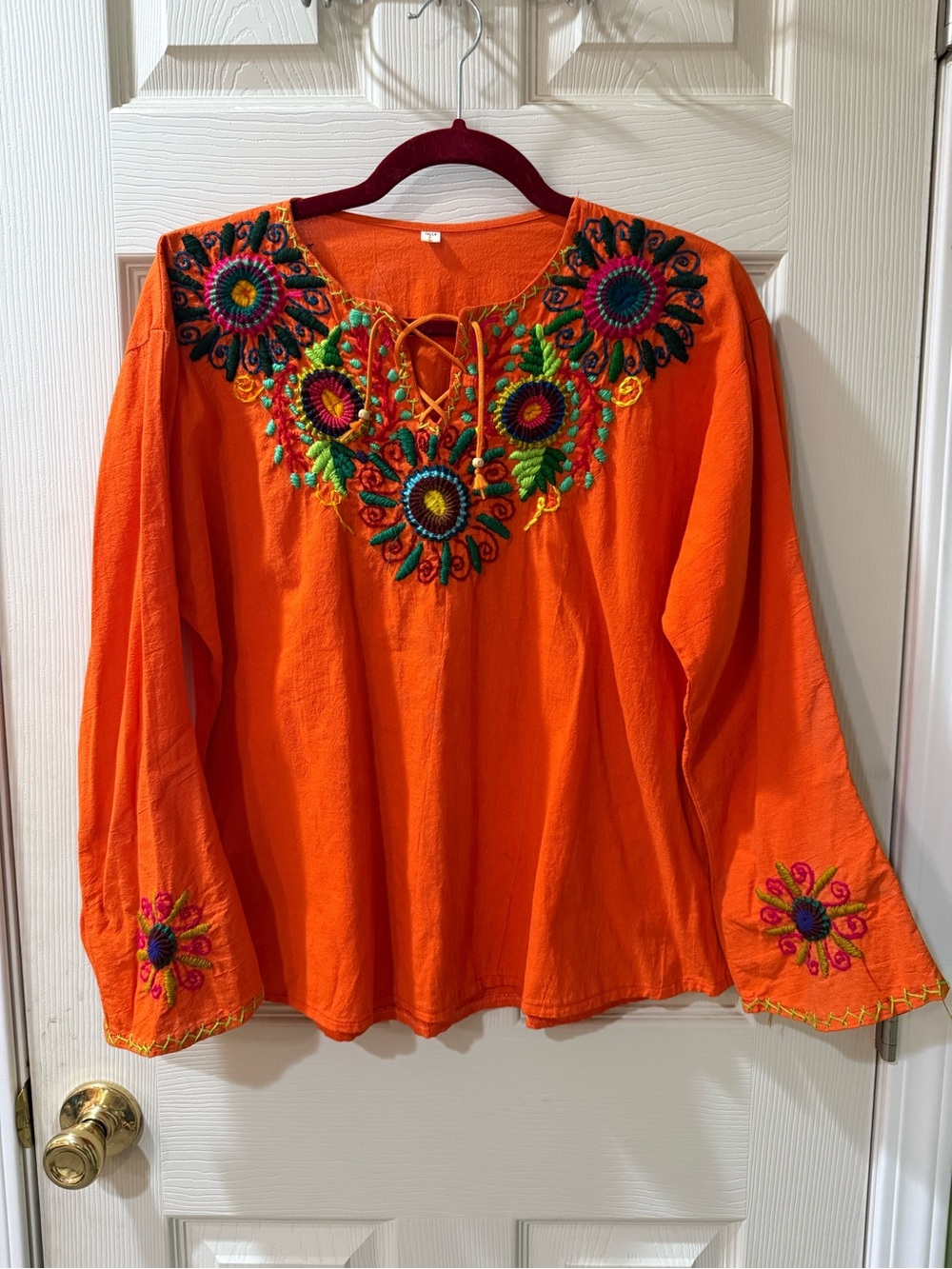 Embroidered Boho Peasant Top - Orange